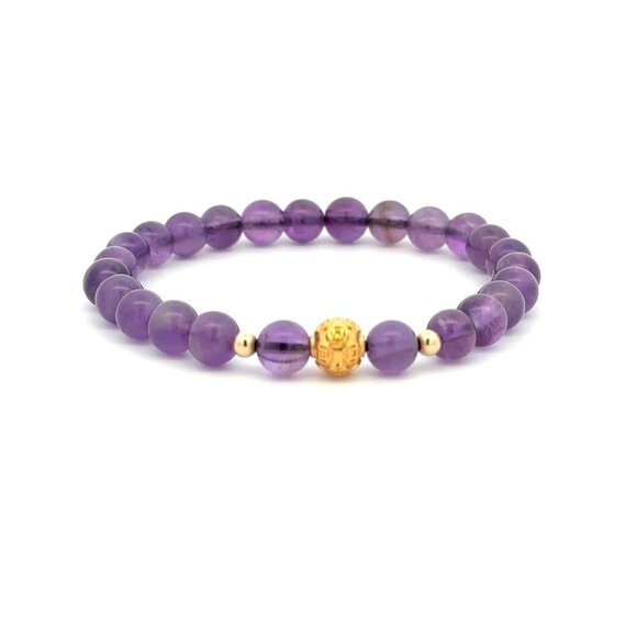 18K Gold Money Ball Lucky Charm Beads Bracelet Gemstones Amethyst 6mm - Picture 6 of 9